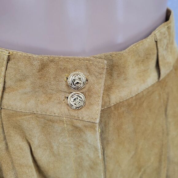 Suede Trouser Shorts Pleated Paperbag Culottes Leather Vintage Golden Tan - Picture 4 of 15